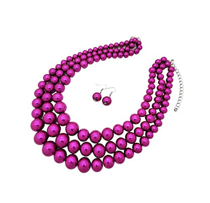 Simulated Pearl Necklace & Earring Set, Multi Strand - color: Fuchsia