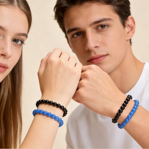 2PCS Agate Bracelet for Women Men Natural Round Beaded Agates Stone Healing Stretch Bracelets Elastic Handmade Polished Gemstone Beads Bracelet - color: Blue+Black, size: 6mm Beads