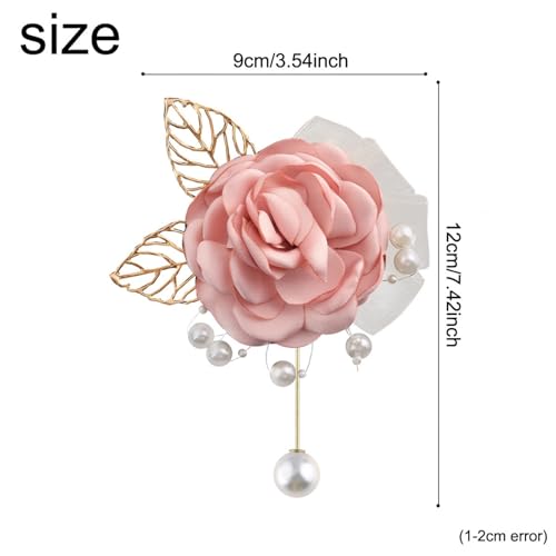 Handmade Elegant Red Rose Flower Brooch Pin for Women Crystal Pearl Fabric Flower Lapel Pin Dress Suit Accessories - color: Pink B