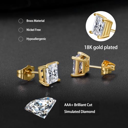 Gemsme 5 Pairs Princess Cut Cubic Zirconia Stud Earrings for Women/Men - 18K Gold Plated Hypoallergenic 3-7mm Square Clear CZ Earring Set - color: Gold-Princess Cut