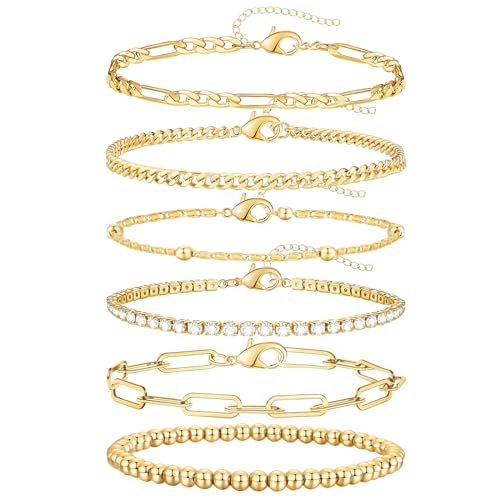 Gold Bracelets for Women, 14K Gold Plated Stackable Bracelet Stack Set Adjustable Charm Paperclip Chain Cuban Link Layered Waterproof Jewelry Sets Gifts for Womens 6.5 Inch - color: Gold 6.5 IN General Wrist