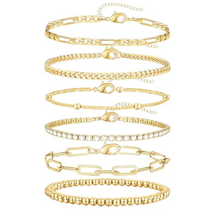 Gold Bracelets for Women, 14K Gold Plated Stackable Bracelet Stack Set Adjustable Charm Paperclip Chain Cuban Link Layered Waterproof Jewelry Sets Gifts for Womens 6.5 Inch - color: Gold 6.5 IN General Wrist