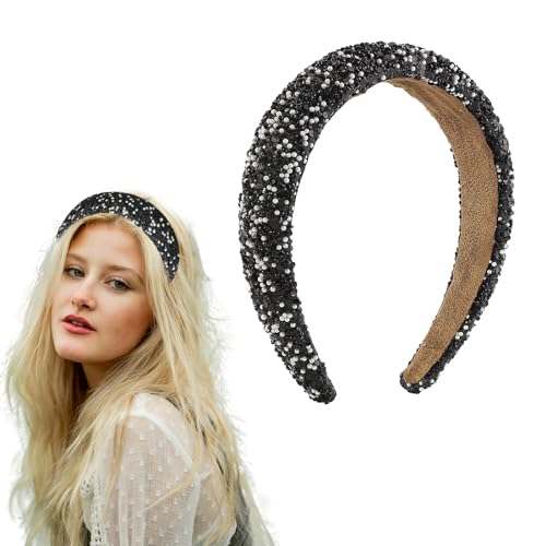 Glitter Crystal Headband for Women Sparkly Bling Diamond Headband Wide Hairband Sparkle Beaded Crystal Headband Thick Padded Headband for Party Non Slip Glitter Hair Hoop (Black, L) - color: Black