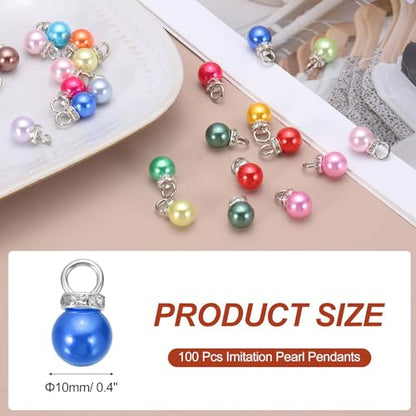 MECCANIXITY 100Pcs Imitation Pearl Pendant 10mm Faux Pearl Beads with Rhinestone for Dangle Jewelry Making Earrings Necklace Bracelets Crafts, Blue - color: Blue