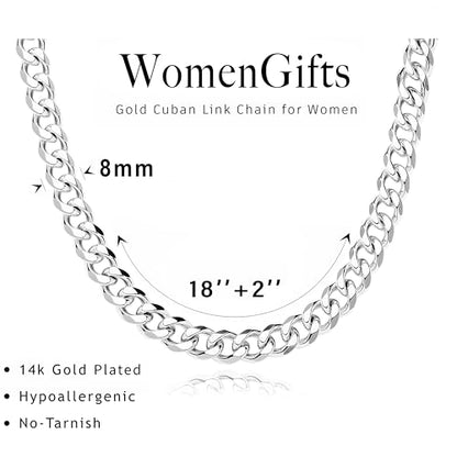 WomenGifts Cuban Link Chain Necklace for Women, Waterproof 14k Gold Silver Plated Chain Choker, Non Tarnish Stainless Steel Jewelry, 3.5/5/6/8/11mm,14/16/18 Inch Thin&Chunky&Thick - color: Silver, style: 8MM-18"