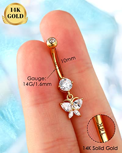 Melighting 14K Solid Gold Butterfly Belly Button Rings for Women - Dangle Belly Piercing With Clear CZ - Navel Rings for Woman Body Piercing Jewelry