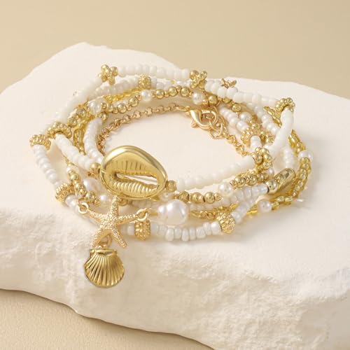 3PCS Boho Anklets for Women Summer Beach Women's Ankle Bracelets Beaded Anklet Bracelet Waterproof Beach Anklets Shell Starfish Anklet Foot Chain Jewelry for Women - color: 5PCS/styleA