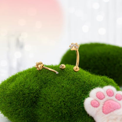 2Pcs Cat Paw Gold Eyebrow Rings Rook Piercing Jewelry 16G 6mm 8mm Threaded Cartilage Tragus Earrings 316L Stainless Steel Paw Prints Vertical Labret Lip Piercing Jewelry - color: Gold, size: 16 gauge(1.2mm)-6mm