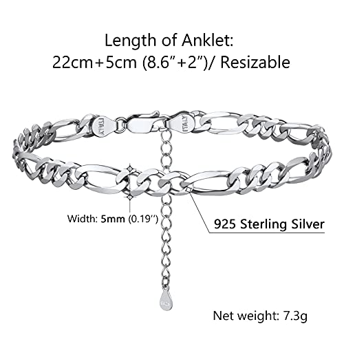 PROSILVER 925 Sterling Silver Ankle Bracelets For Women, Stylish Chain Anklets, Summer Beach Jewelry, 8.6-10.6 Inch Adjustable, Come with Box - style: 03 Figaro Anklet-5mm