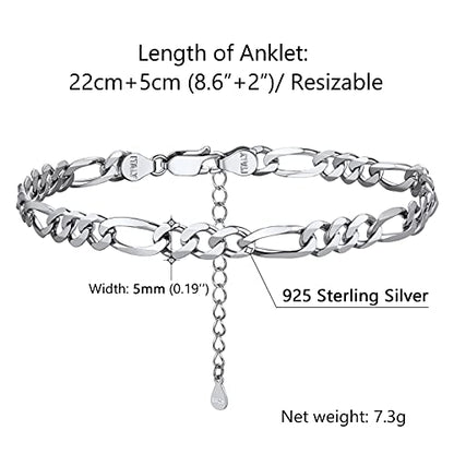 PROSILVER 925 Sterling Silver Ankle Bracelets For Women, Stylish Chain Anklets, Summer Beach Jewelry, 8.6-10.6 Inch Adjustable, Come with Box - style: 03 Figaro Anklet-5mm