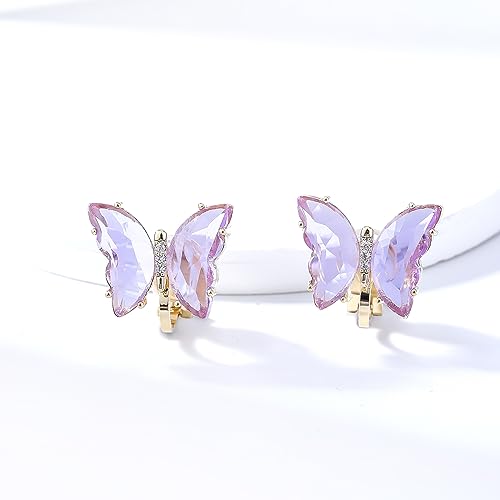 YOQUCOL Butterfly Shape Crystal Clip On Earrings Non Pierced Golden Stud for Women - color: Purple