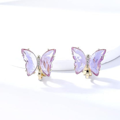 YOQUCOL Butterfly Shape Crystal Clip On Earrings Non Pierced Golden Stud for Women - color: Purple