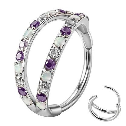 20/16G CZ Hinged Nose Rings Hoop, 316L Surgical Stainless Steel Cartilage Earring, Septum Clicker Ring, Daith Helix Rook Tragus Conch Lip Lobe Piercing Jewelry - color: A Silver Double Open Ring with Coloful CZ 02, size: 1pc 20 Gauge 8mm