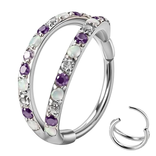 20/16G CZ Hinged Nose Rings Hoop, 316L Surgical Stainless Steel Cartilage Earring, Septum Clicker Ring, Daith Helix Rook Tragus Conch Lip Lobe Piercing Jewelry - color: A Silver Double Open Ring with Coloful CZ 02, size: 1pc 20 Gauge 10mm