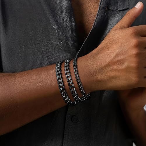 Fiusem Cuban link Mens Bracelet | 5mm/7mm/8mm Width, 7.1"/7.5"/7.9" Length Stainless Steel Bracelets for Men - color: 7mm width-black, size: 7.1 inches