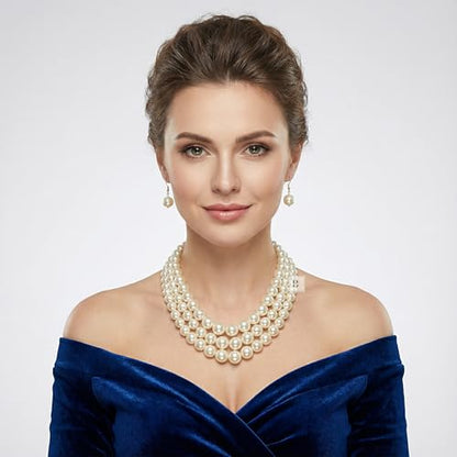 Simulated Pearl Necklace & Earring Set, Multi Strand - color: Cream
