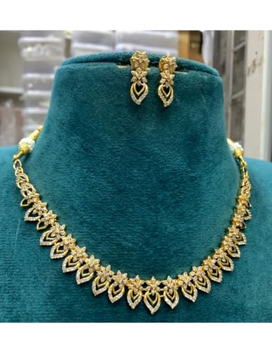 Antique Gold Plated Temple Jewellery Necklace Set with Earrings for Women, Traditional Indian Bridal Necklace Set, South Indian Choker Haram Style Jewellery Set, Ethnic Wedding Party Wear Necklace Set for Women - color: AD-Neck-177