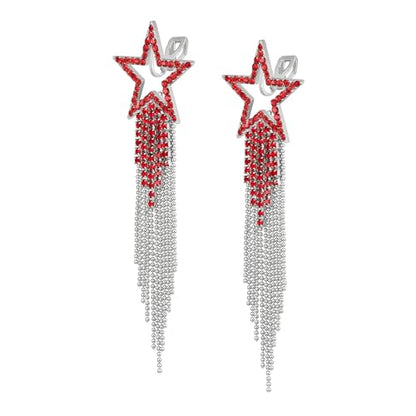 EVER FAITH Crystal Long Waterfall Star Tassel Clip-on Earrings for Women | Rhinestone Beaded Fringe Chandelier Dangle Statement Earring, Wedding Party Jewelry - color: Red Silver-Tone