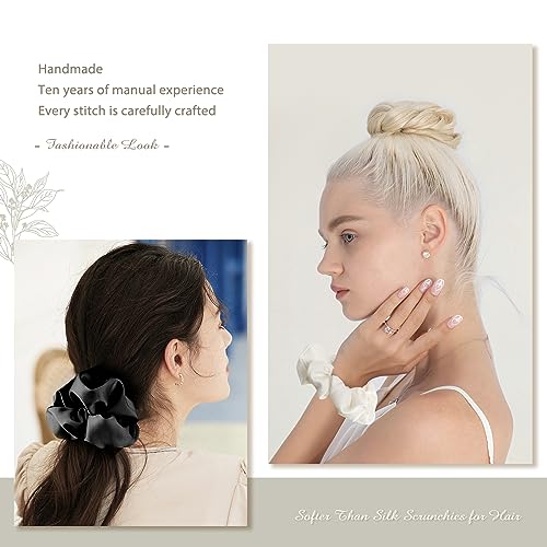 4 PCS Large Silk Satin Scrunchies for Women White Thick Hair Big Scrunchie | Black White Silver Champagne / Stretched 10" Length / No Damage / Gift Box /Diameter: 5 inches / All Hairstyles - color: Black White Silver Champagne, size: 1 Count (Pack of 4)