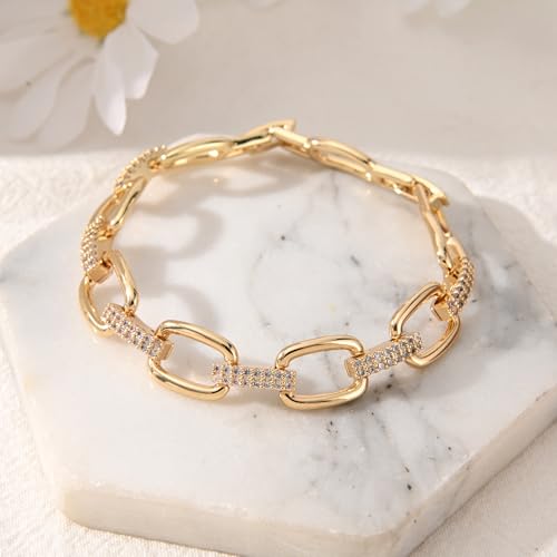 14K Gold & Silver Plated Lightweight Link Bracelet for Women | Stackable Bracelets ,14K Gold Plated Bracelets with CZ,Lightweight Trendy Chain Bracelet Jewelry Gift - style: CZ link