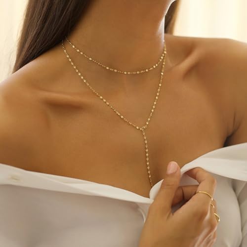 Lariat Gold Necklace for Women Dainty Long 14K Gold Plated Y-Shaped Body Chain Choker Necklace Trendy Non Tarnish Pendant Simple Layered Necklaces Gold Jewelry for Women Set Gift - color: Double Lip Chain