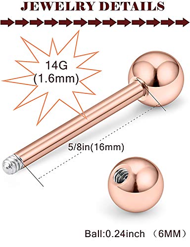 Prjndjw Jewelry, 5/8in(16mm) L, 14G Tongue Piercing Barbells Multicolor Surgical Stainless Steel Long Nipple Piercing Barbells Body Jewelry for Women - color: Rose Gold