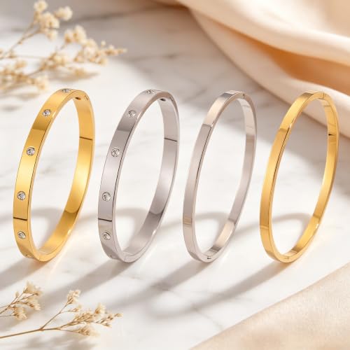 Minimalist Two-Tone Stackable Bangle Set for Women – Stainless Steel Bracelets with Crystal Accents