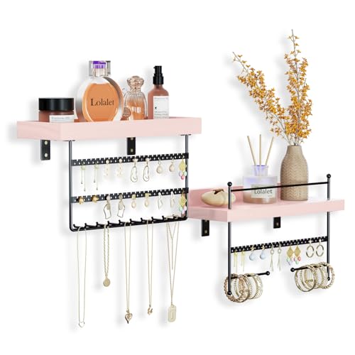 Lolalet Wall Mount Hanging Jewelry Organizer -Set of 2, Pink | Versatile Hanging Holder with Hooks for Earrings, Bracelets and Necklaces, Easy to Install on Bathroom Wall - color: Pink