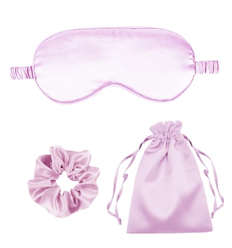 3Pcs Satin Eye Mask Silk Sleep Masks Set Silky Blindfold Eyeshade Blackout Eyes Cover Pouches Bag Scrunchy Wedding Gift-Color: Lilac - color: Lilac