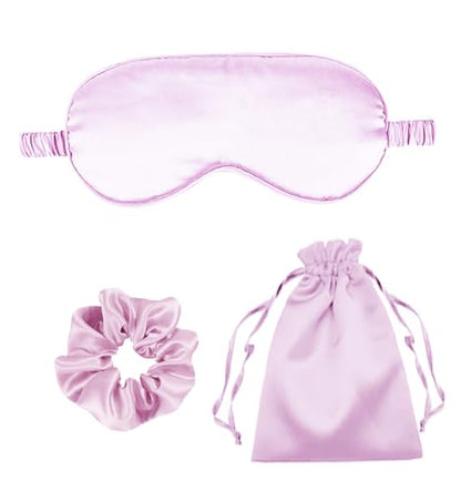 3Pcs Satin Eye Mask Silk Sleep Masks Set Silky Blindfold Eyeshade Blackout Eyes Cover Pouches Bag Scrunchy Wedding Gift-Color: Lilac - color: Lilac