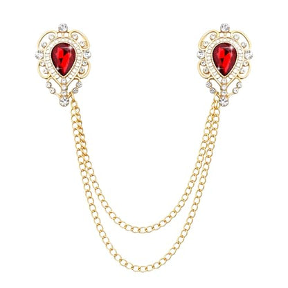 Teardrop Rhinestone Brooch Mens Lapel Pins for Shirt Collar Hanging Chain Brooch Suit Pin Crystal Rhinestone Lapel Pins for Men - color: Red