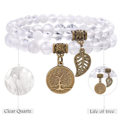 Bivei Natural Semi Precious Gemstone beads bracelet for women - Life Tree and Leaf Charm Energy Reiki Crystal Stretch Bracelets - color: Clear Quartz Bracelet Set, size: Medium:6.8-7.24inch