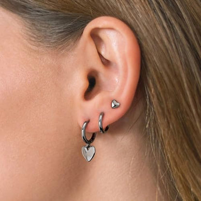 3 Pairs Earring Stacks, Gold Earring Set Jewelry Gift for Women | Small, 14K Gold/White Gold/Black/Rose Gold Plated, Hypoallergenic, Her, Everday, Stackable, Simple, 3 Holes - color: Black-Heart