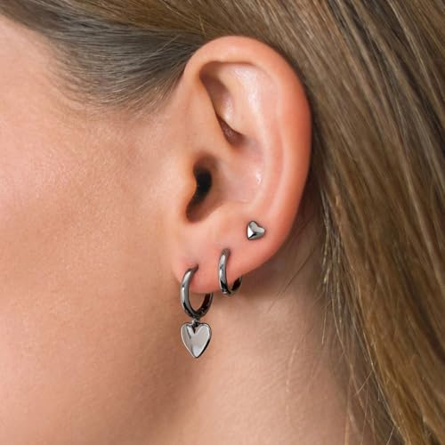 3 Pairs Earring Stacks, Gold Earring Set Jewelry Gift for Women | Small, 14K Gold/White Gold/Black/Rose Gold Plated, Hypoallergenic, Her, Everday, Stackable, Simple, 3 Holes - color: Black-Heart