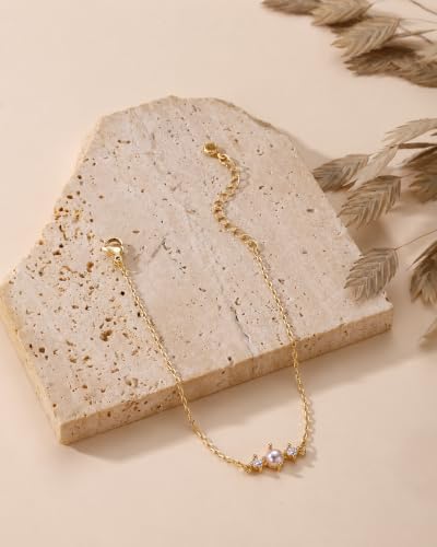 Gold Bracelets for Women Pearl Bracelet 14k Gold/White Gold Plated | Dainty Cubic Zirconia CZ Accented, Bridesmaid Jewelry, Prom Bracelet, Wedding Bracelets for Brides - color: gold-round pearl