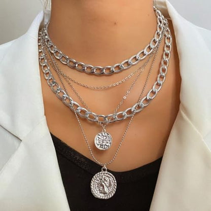 GIGB PBDK Chunky Layered Coin Pendant Necklaces for Women Gold Cuban Link Chain Statement Necklaces Punk Halloween Bachelor Party Holiday Vacation Accessory - color: Silver