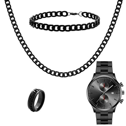 NEWITIN 4 Pieces Black Jewelry Set for Men Stainless Steel Watch Necklace Bracelet Ring Fashion Black Wristwatch Cuban Link Chain Cuban Jewelry Set for Men - color: Black