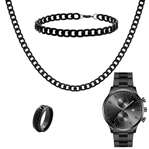 NEWITIN 4 Pieces Black Jewelry Set for Men Stainless Steel Watch Necklace Bracelet Ring Fashion Black Wristwatch Cuban Link Chain Cuban Jewelry Set for Men - color: Black