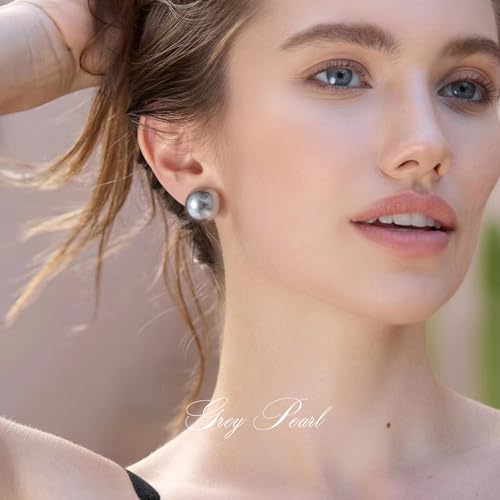 Trendy Big Simulated Pearl Earrings for Women, 925 Sterling Silver Post 14/12MM Oversized Large Pearl Studs Bride Bridesmaid Prom Wedding Earrings Jewelry Gifts - color: Grey, size: 14MM