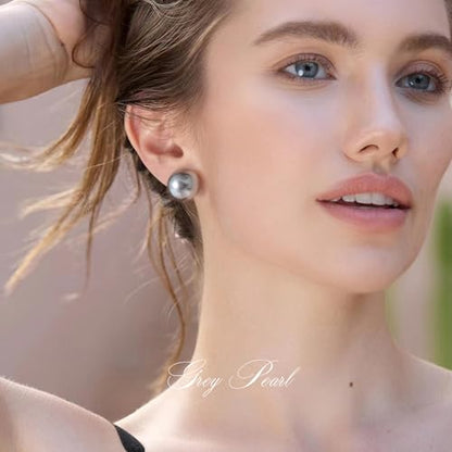 Trendy Big Simulated Pearl Earrings for Women, 925 Sterling Silver Post 14/12MM Oversized Large Pearl Studs Bride Bridesmaid Prom Wedding Earrings Jewelry Gifts - color: Grey, size: 14MM