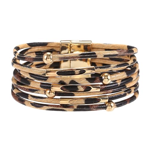ZMANYIJEW Leather Wrap Bracelets for Women,Boho Cuff Bracelets Multi-Layer Crystal Beads Cuff Bracelet Multilayered Leopard Leather Braided Bangle Wrist Cuff Bangles - style: Leopard