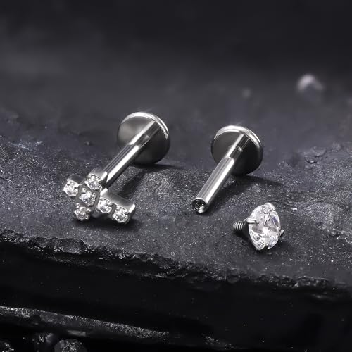 Titanium Flat Back Lip Rings Internally Threaded Earrings Studs Nose Rings 16G Cross Curve Stripe Tragus CZ Cartilage Lobe Rook Helix Conch Labret Medusa Piercing Jewelry for Women Men - style: Cross CZ