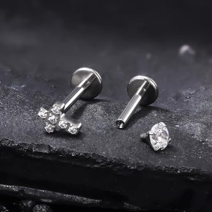 Titanium Flat Back Lip Rings Internally Threaded Earrings Studs Nose Rings 16G Cross Curve Stripe Tragus CZ Cartilage Lobe Rook Helix Conch Labret Medusa Piercing Jewelry for Women Men - style: Cross CZ