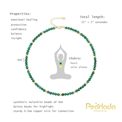 PEARLADA Turquoise Beaded Choker Necklace Chakra Stone Necklace Adjustable - color: Malachite Beads 4mm