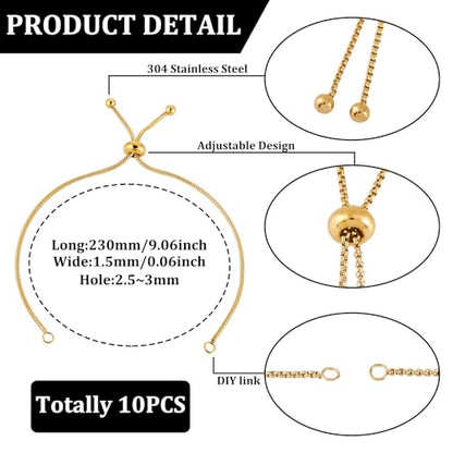 FASHEWELRY 10Pcs Adjustable Stainless Steel Snake Chains Bracelet 9" Golden Slider Bracelets Chains Tarnish Resistant Extender Box Chain with Ball End for DIY Jewelry Making - color: Golden, size: 9"