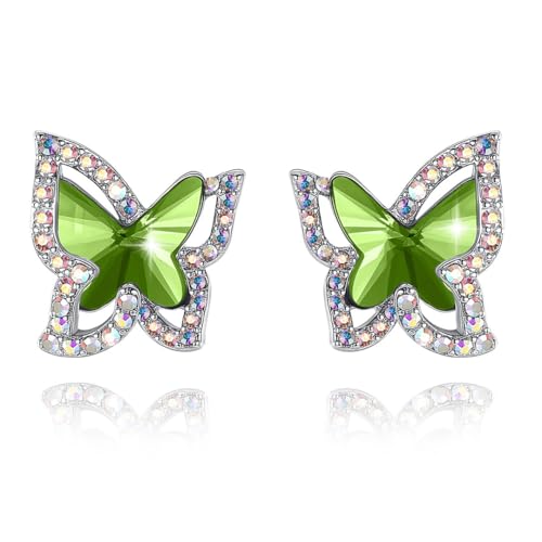 Butterfly Stud Earrings, Birthstone Crystal, for Women, Silver Tone Jewelry, Anniversary Birthday Gift for Her, Wife & Mom