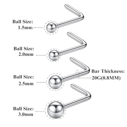 316L Surgical Steel 22g/20g/18g Nose Rings Studs L-Shape Nose Nostrial Piercing Body Jewerly L Shaped Nose Studs 1.5mm 2mm 2.5mm 3mm CZ Nose Screw Studs Rings for Women - style: 6pcs/L-shape/20g/1.5mm Ball/Silver