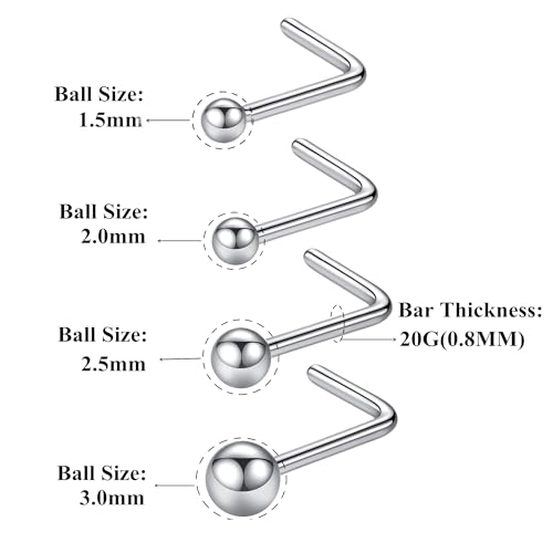 316L Surgical Steel 22g/20g/18g Nose Rings Studs L-Shape Nose Nostrial Piercing Body Jewerly L Shaped Nose Studs 1.5mm 2mm 2.5mm 3mm CZ Nose Screw Studs Rings for Women - style: 6pcs/L-shape/20g/1.5mm Ball/Silver