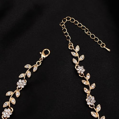 Austrian Crystal Rhinestone Choker Necklace Elegant Flower Leaf Chain Necklace Jewelry for Party Prom Costume Accessories for Women - color: White-Gold Plated
