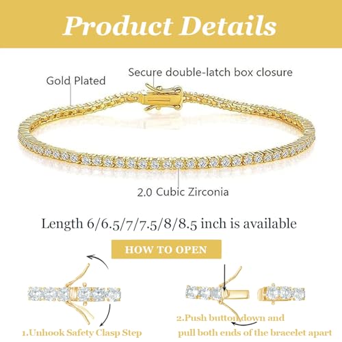 2.0MM Tennis Bracelet for Women and Men，18K White/Yellow Gold Plated Round 2mm Cubic Zirconia Classic Tennis Bracelet - color: Gold Plated, size: 7 inch